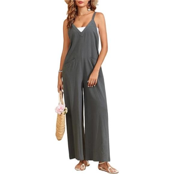 Pants - Womens Jumpsuits Overalls Summer V Neck Grey